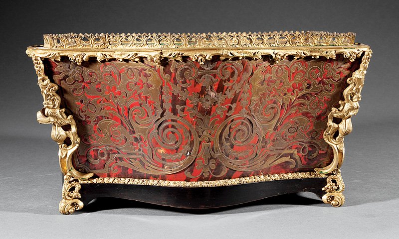 Gilt Bronze-Mounted "Boulle" Jardiniere: A Napoleon III Gilt Bronze-Mounted "Boulle" Jardiniere, c. 1870, pierced gallery, scrolled handles, floral mounts, on scroll feet, height 8 in., width 17 in., depth 12 in. Provenance: "Villa Rose" Col