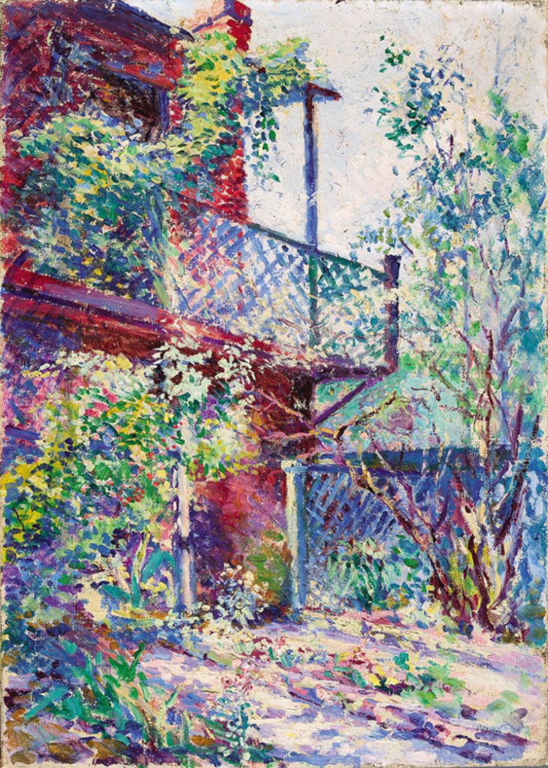Anne Wells Munger (American/Mississippi, 1862): Anne Wells Munger (American/Mississippi, 1862-1945), "Garden Cottage", oil on canvas, unsigned, 20 in. x 14 in., unframed. Provenance: Estate of Major Philip St. George Ambler IV