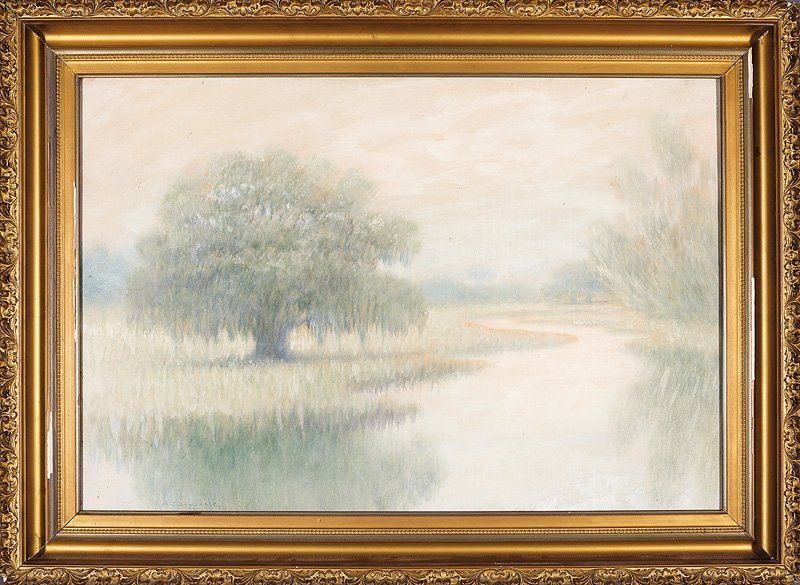 Alexander John Drysdale (American/New Orleans): Alexander John Drysdale (American/New Orleans, 1870-1934), "Live Oak in Louisiana Bayou", oil wash on board, signed lower left, sight 19 1/4 in. x 29 1/4 in., antique gilt frame