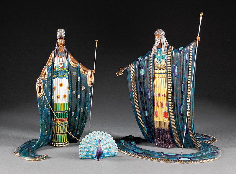 Erte (Romain de Tirtoff, Russian/French, 1892): Erte (Romain de Tirtoff, Russian/French, 1892-1990), "Hera and Zeus with a Peacock", 1989, three-piece bronze, Hera and Zeus inscribed "149/500 © 1989 Seven Arts London, Ltd", height 16 in., 18 1/2 i