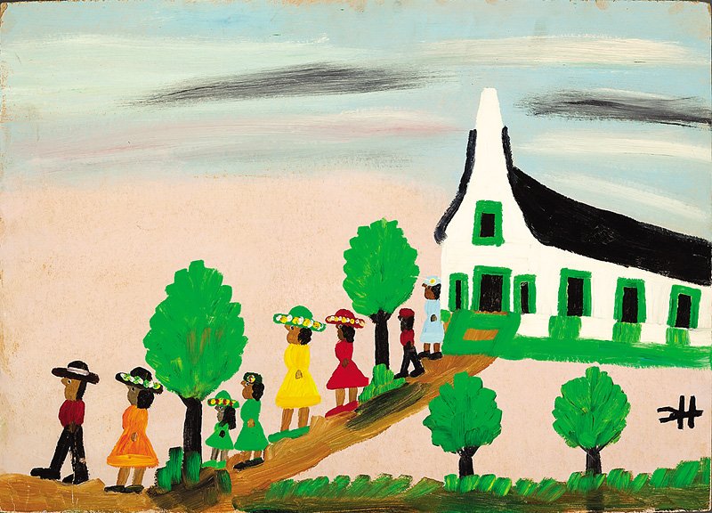 Clementine Hunter (American/Louisiana, 1886-1988): Clementine Hunter (American/Louisiana, 1886-1988), "Church Procession", oil on board, monogrammed lower right, 16 in. x 23 3/4 in., framed. Provenance: Descended in a New Orleans family