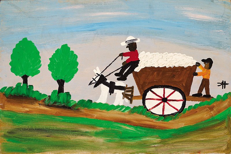Clementine Hunter (American/Louisiana, 1886-1988): Clementine Hunter (American/Louisiana, 1886-1988), "Haulin' Cotton to the Gin", oil on board, monogrammed mid-right, 16 in. x 24 in., framed. Provenance: Descended in a New Orleans family