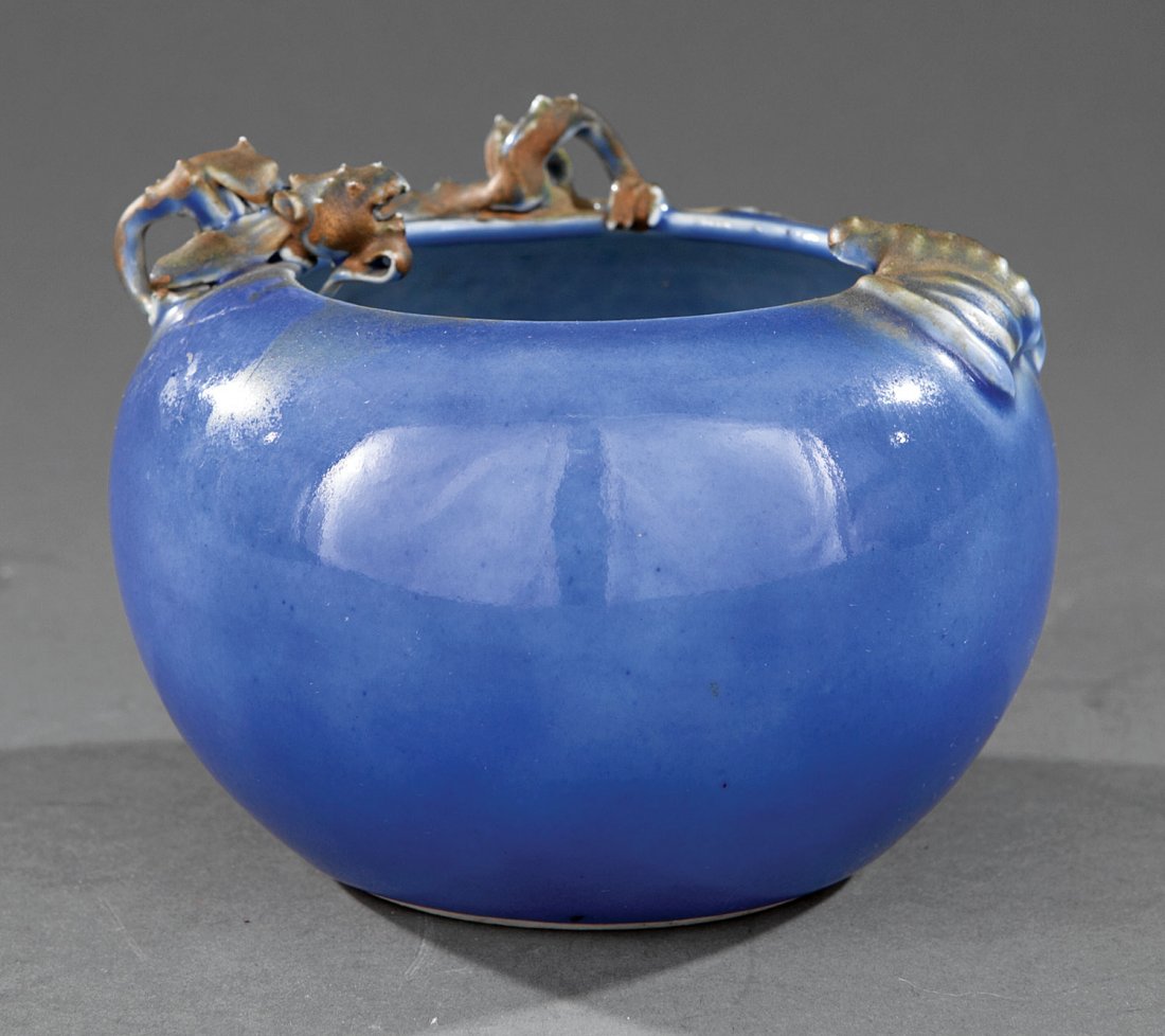 A Chinese Powder Blue Porcelain Brush Washer: A Chinese Powder Blue Porcelain Brush Washer, probably 19th/20th c., globular body with applied qilong and bat encircling the mouth, base with Yongzheng mark, height 4 1/8 in., width 5 1/2 in