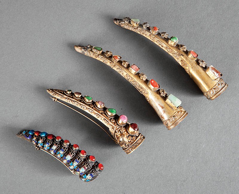 Four Chinese "Gem" Embellished Nail Guards: A Collection of Four Chinese "Gem" Embellished Nail Guards, two mounted as pins. Provenance: Estate of Dorothy Mintz (1920-2014), New Orleans, LA