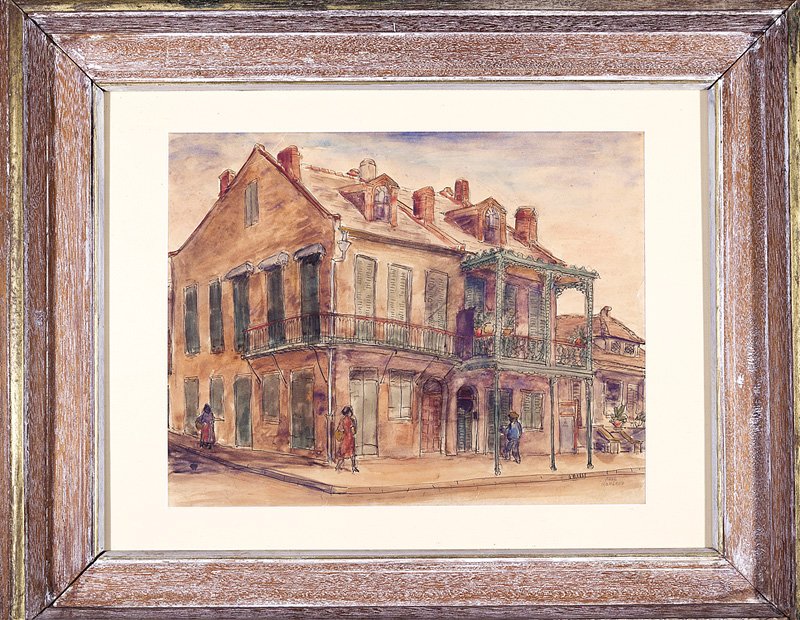 Paul Hermann Rohland (American/Virginia, 1884): Paul Hermann Rohland (American/Virginia, 1884-1949), "Balcony House, New Orleans", c. 1941, watercolor and pen on paper, pencil-signed lower right, titled en verso, 13 1/8 in. x 16 1/2 in., period fra
