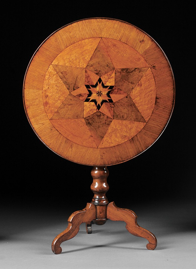 Figured and Inlaid Walnut Tilt-Top Table: A Continental Figured and Inlaid Walnut Tilt-Top Table, c. 1830, star inlaid top, baluster support, scrolling tripod base, height 27 in., diameter 27 1/2 in