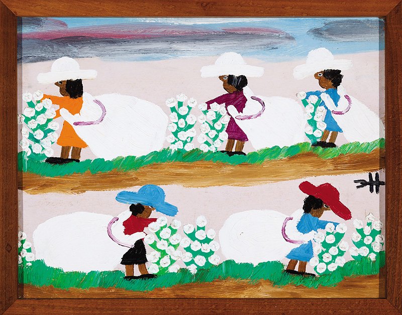 Clementine Hunter (American/Louisiana, 1886-1988): Clementine Hunter (American/Louisiana, 1886-1988), "Pickin' Cotton", oil on board, monogrammed mid right, 10 3/4 in. x 14 in., framed. Provenance: Purchased from the artist, descended in a New Orleans