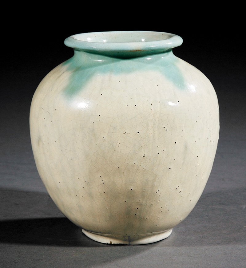 A Newcomb College Art Pottery Vase: A Newcomb College Art Pottery Vase, hand built vase with a sea green and white flambe' glaze, base marked with Newcomb hand built cipher and illegible artist cipher, height 5 1/2 in