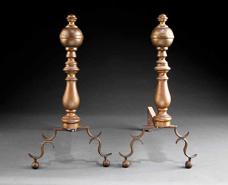 A Pair of English Brass Andirons: A Pair of Antique English Brass Andirons, 19th c., turned standard, scrolled legs, ball feet, height 20 in., width 10 1/2 in., depth 17 in