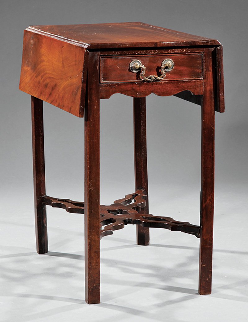 George III-Style Carved Mahogany Pembroke Table: An Antique George III-Style Carved Mahogany Pembroke Table, drop-leaf top, frieze drawer, square legs, pieced X stretcher, height 28 1/4 in., width 15 1/2 in., depth 27 1/2 in