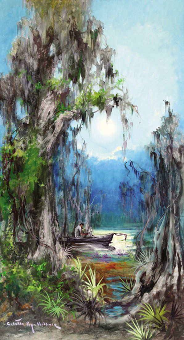 Colette Pope Heldner (American/New Orleans, 1902): Colette Pope Heldner (American/New Orleans, 1902-1990), "Swamp Idyl (Louisiana Bayou Country)", oil on canvas, signed lower left, titled and signed en verso, 36 in. x 20 in., framed. Provenance: Acqui