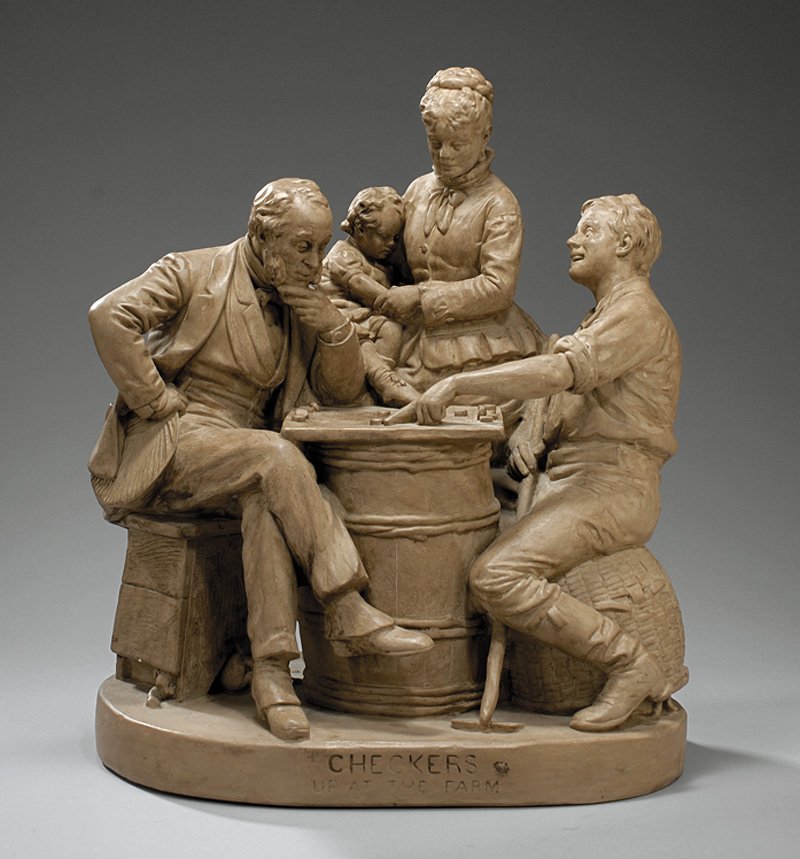 John Rogers Painted Plaster Figural Group: An American Painted Plaster Figural Group, c. 1875, John Rogers, NY, titled on base "Checkers Up at the Farm" and marked, height 18 1/2 in., width 16 in