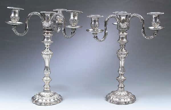 A Pair of Silverplate Three-Light Cand