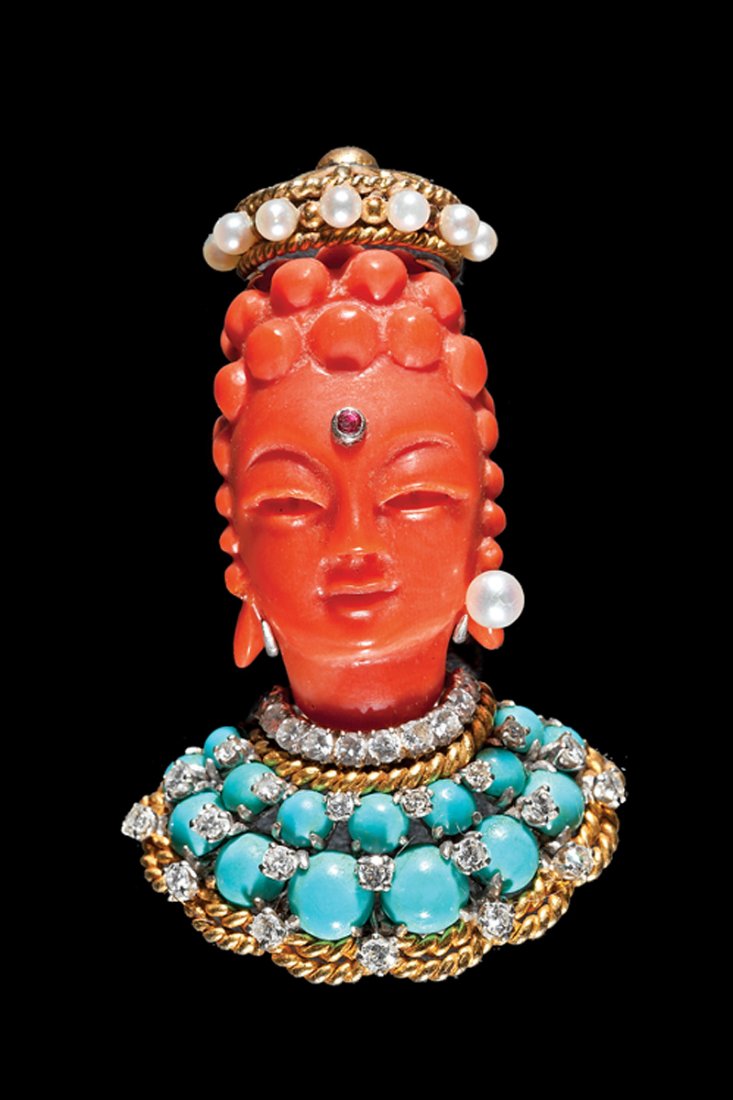 Gold, Turquoise, Diamond, Pearl, Coral Brooch: A 14 kt. Yellow Gold, White Gold, Turquoise, Diamond, Pearl and Coral "Bodhisattva" Brooch, signed "Trio", note: missing 1 pearl. Provenance: Estate of Aloyis Lee Sonneborn, Mobile, AL