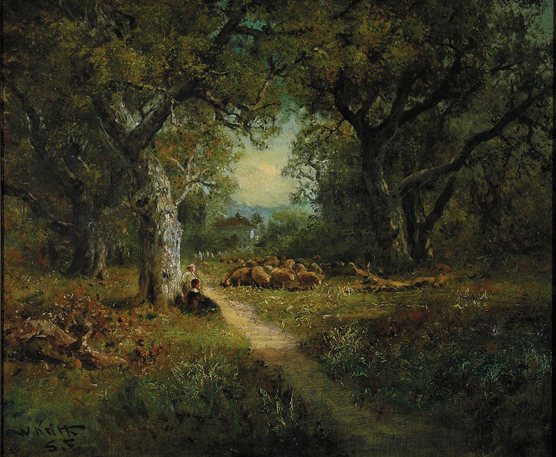 William Keith (Scottish/California, 1839-1911): William Keith (Scottish/California, 1839-1911), "Under the Oaks, San Francisco", oil on canvas, signed and inscribed "S.F." lower left, titled on brass plaque, typewritten label en verso with artist's
