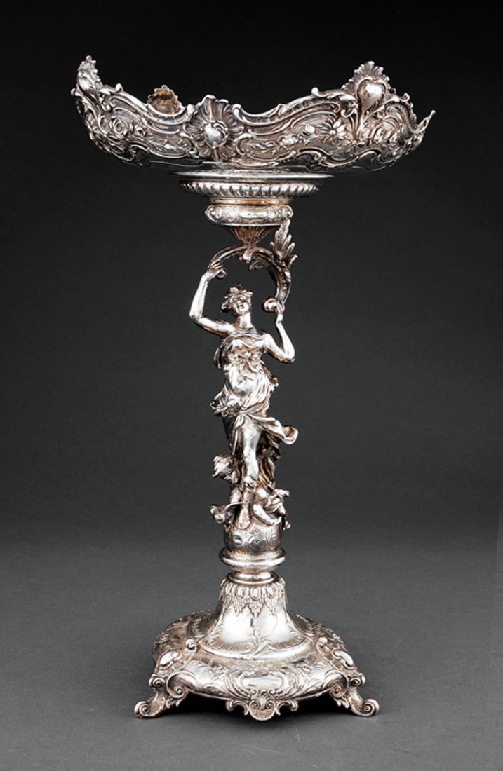 A Continental .800 Silver Figural Centerpiece: A Continental.800 Silver Figural Centerpiece, mid-19th c., Germany, height 20 in., diameter 11 1/4 in., weight 52.50 troy ozs