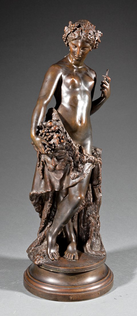 A Continental Bronze of a Bacchante: A Continental Bronze of a Bacchante, 19th/20th c., after Jacques-Marie-Michel Collet (French, 1793-1878), inscribed "Collet 1867" on trunk, height 27 1/2 in. Provenance: "Villa Rose" Collection of Gra