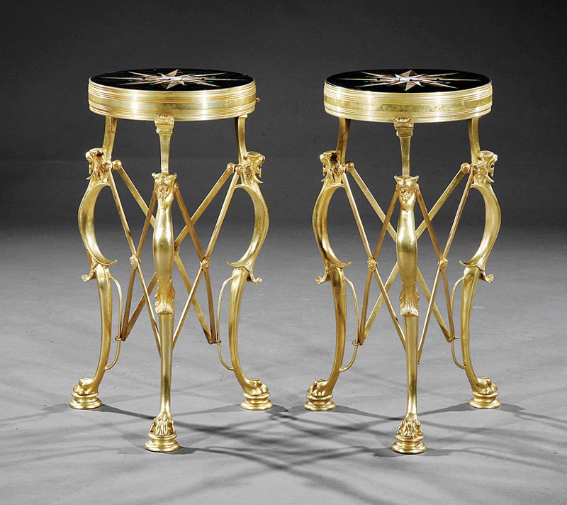A Pair Neoclassical-Style Bronze Dore Gueridons: A Pair Neoclassical-Style Bronze Dore Gueridons, after the Antique, each with inset specimen marble top with micromosaic of a ruin; lion's masques shaped supports connected by X stretchers, paw feet w