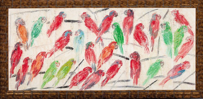 Hunt Slonem (American, b. 1951): Hunt Slonem (American, b. 1951), "Lories", 2002, oil on eight attached canvases, signed (four times), titled and dated en verso, 31 3/4 in. x 81 1/4 in., framed