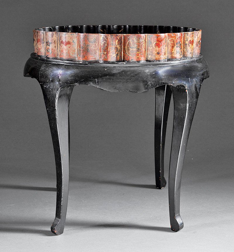 A Japanese Lacquer Side Table: A Japanese Lacquer Side Table, scalloped gallery top decorated with bats and flower heads, shaped apron, cabriole legs, height 17 1/2 in., width 17 1/2 in. Provenance: Joel N. Weinstock Collection, Ne