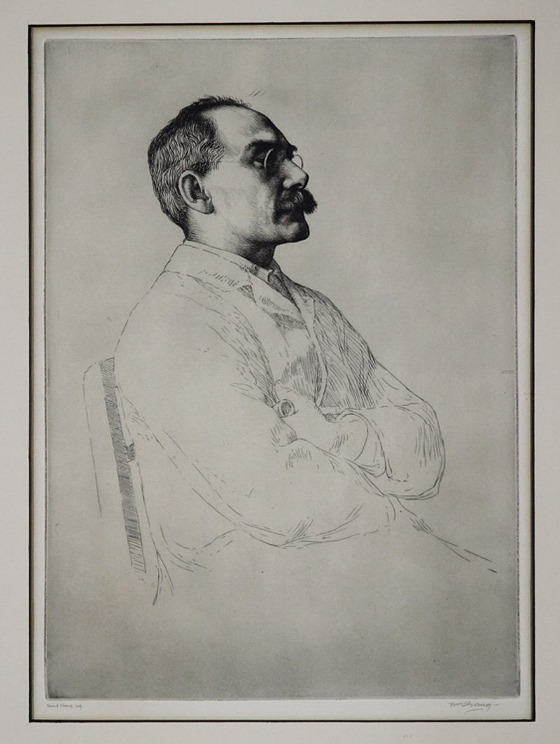 William Strang (Scottish, 1859-1921): William Strang (Scottish, 1859-1921), "Portrait of Rudyard Kipling", etching, pencil-signed "Wm.Strang" lower right and "David Strang/imp" lower left, 13 7/8 in. x 9 7/8 in., matted and framed. Proven