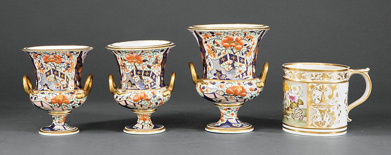 Three Derby "Imari" Porcelain Garniture Urns: A Set of Three Derby "Imari" Porcelain Garniture Urns, 19th c., floral design with scrollwork handles, largest urn height 8 in.; together with a Bloor Derby polychrome and gilt porcelain mug, mug heig