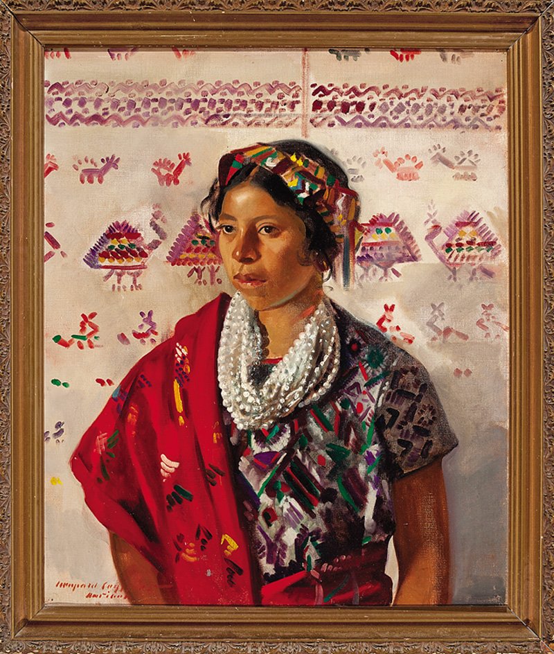 Latin American School, probably Peru, early 20th: Latin American School, probably Peru, early 20th c., "An Incan Maiden in Grace Line Finery", oil on canvas, indistinct inscription lower left, label "4/Cruz Garcia/Lent by The Grace Line" en verso, 30
