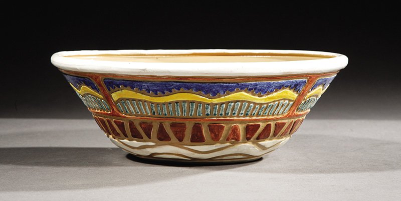 A Shearwater Pottery Bowl: A Shearwater Pottery Bowl, 1977, thrown by Peter Anderson, decorated by Adele Anderson Lawton with geometric landscapes, marked and dated in sgraffito by Adele, impressed Shearwater mark, height 3 1/2