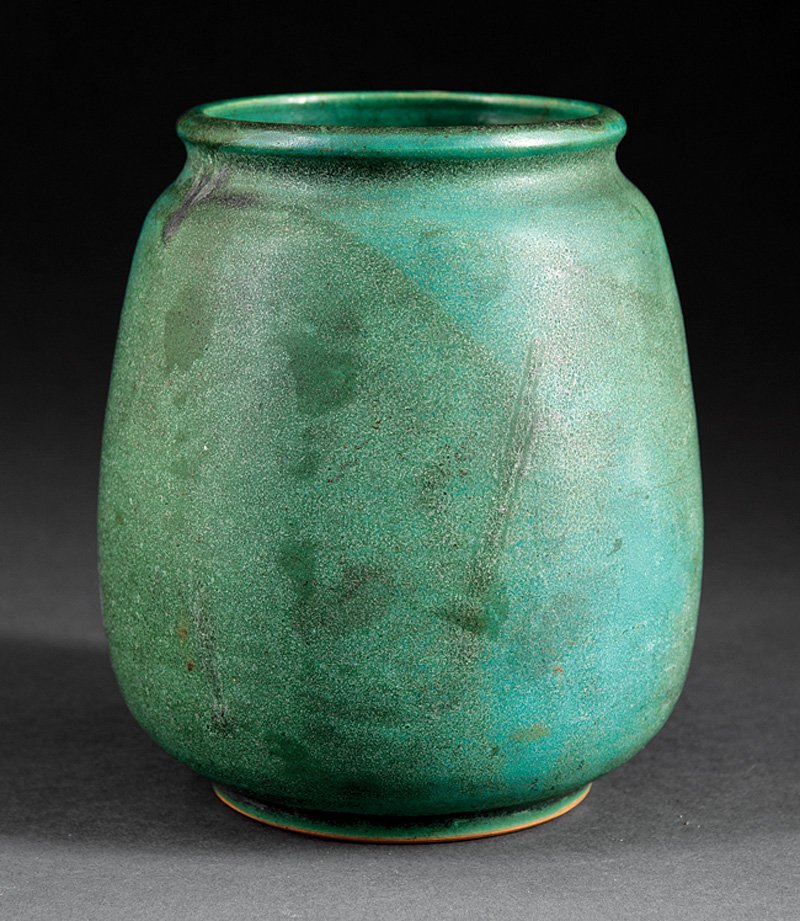 A Shearwater Pottery Urn: A Shearwater Pottery Urn, c. 1930s, thrown and glazed by Peter Anderson, alkaline blue, double glazed, impressed mark, height 6 1/2 in.
