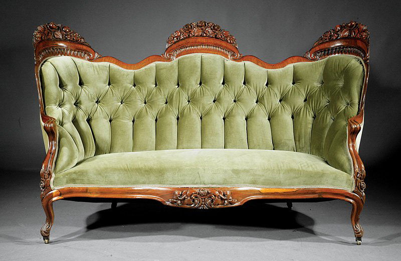 Carved and Laminated Rosewood attr. Belter: An American Rococo Carved and Laminated Rosewood Sofa, mid-19th c., attributed to John Henry Belter, New York, in the pattern commonly referred to as "Henry Clay"; floral crest rail with volute scroll