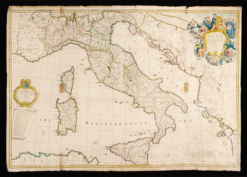 John Senex (English, 1678-1740): John Senex (English, 1678-1740), "A New Map of Italy", 1708, hand-colored engraved map, 25 1/2 in. x 36 3/4 in., attractively float mounted and framed