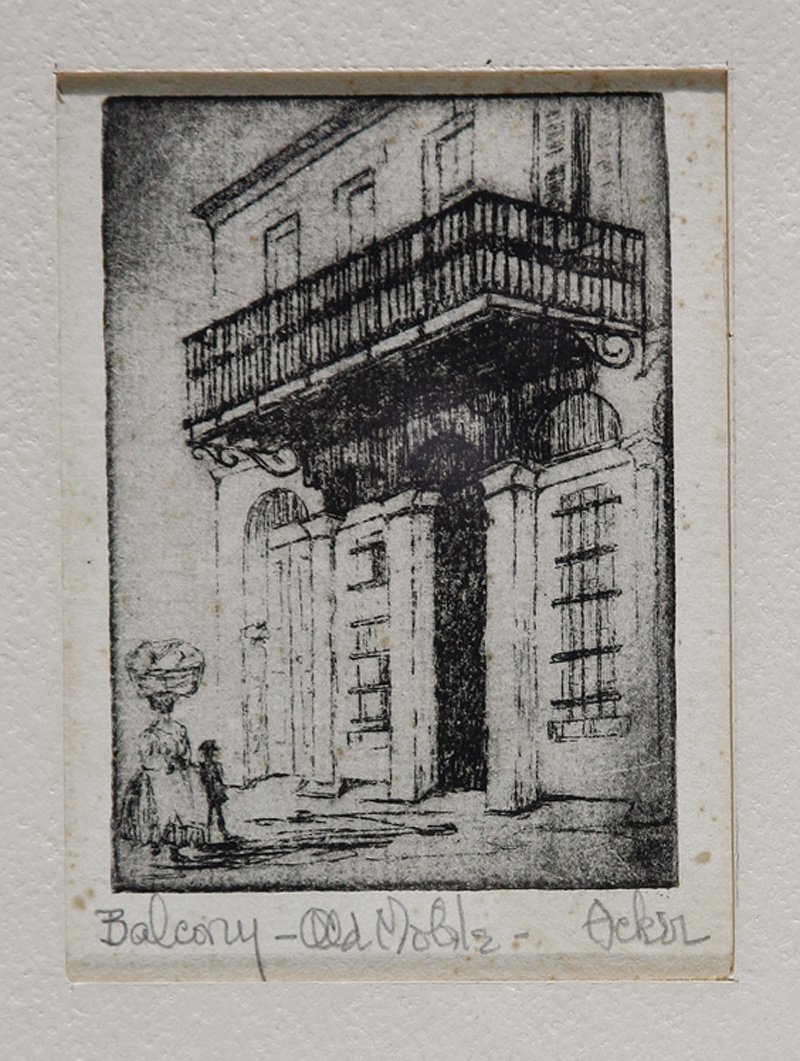 Marian Francis Acker Macpherson (American/AL): Marian Francis Acker Macpherson (American/Alabama, 1906-1993), "Balcony, Old Mobile", lithograph, signed and titled in lower margin, 3 1/2 in. x 2 1/2 in., framed. Provenance: Estate of Aloyis Lee Son