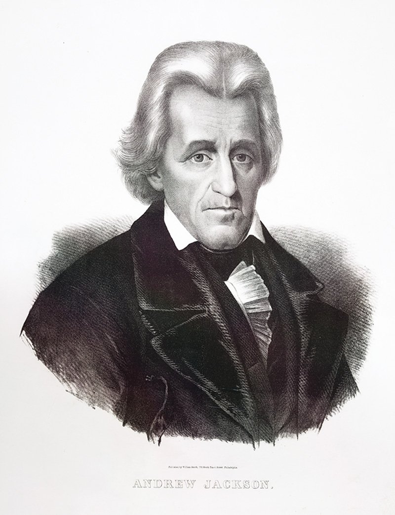 A Lithograph of Andrew Jackson: An Antique Lithograph of Andrew Jackson, c. 1870, possibly after the portrait by George Healy done 1845, published by William Smith, 702 South Third Street, Philadelphia, sheet 25 3/4 in. x 21 in