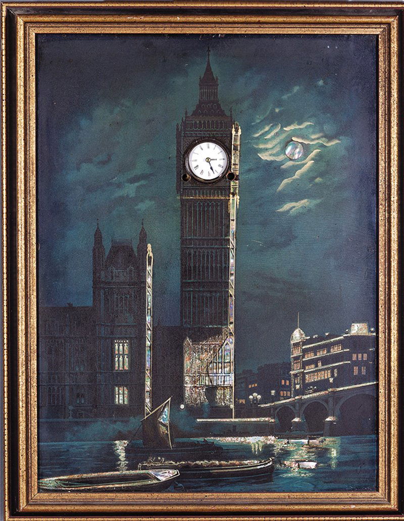 A Musical Big Ben Picture Clock: A Musical Big Ben Picture Clock, c. 1900, clock with a musical movement that plays on the quarter hour, nocturnal scene embellished with mother-of-pearl, showing the River Thames with houses of Parlia