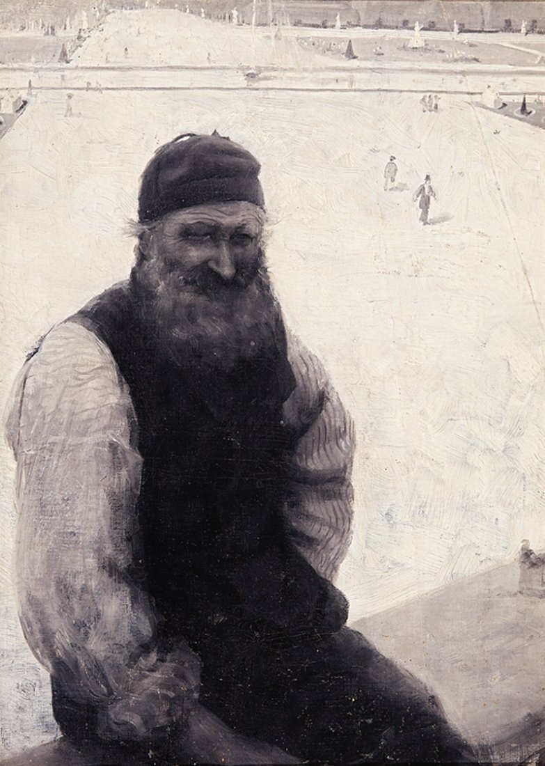 Continental School, mid-to-late 19th c: Continental School, mid-to-late 19th c., "Old Man Sitting on Parapet of a Bridge in Paris", 1883, grisaille oil on canvas, indistinctly monogrammed lower right, dated monogrammed and inscribed "Paris"