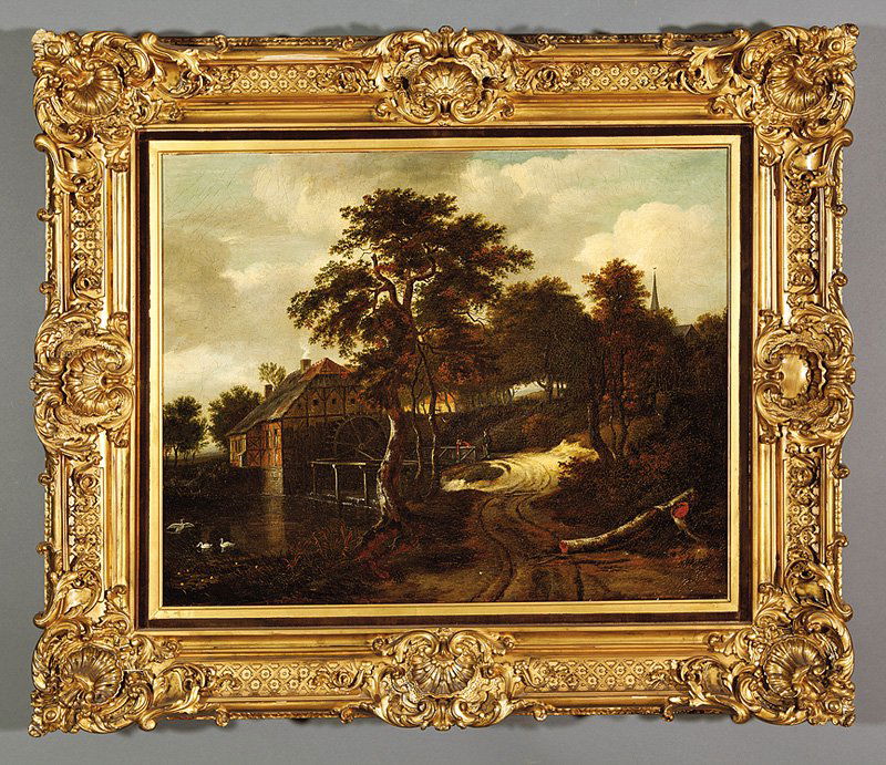 Dutch School, 19th c: Dutch School, 19th c., "Figures Beside a Millpond, on the Outskirts of a Village", oil on canvas, unsigned, former owner label en verso, 21 1/2 in. x 27 1/8 in., antique gilt frame