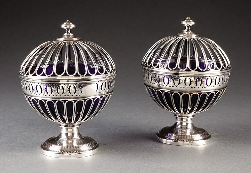 Ellis Barker Silverplate Garniture Coupes: A Pair of Ellis Barker Silverplate Wirework and Cobalt Glass Garniture Coupes in the Regency Taste, height 7 in