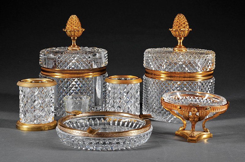 Bronze-Mounted Cut Crystal Lidded Jars: A Pair of Continental Bronze-Mounted Cut Crystal Lidded Jars, hinged lids, pineapple finials; together with a small pair of vases, a diminutive tazza, and a circular ashtray, jar height 7 1/2 in., dia