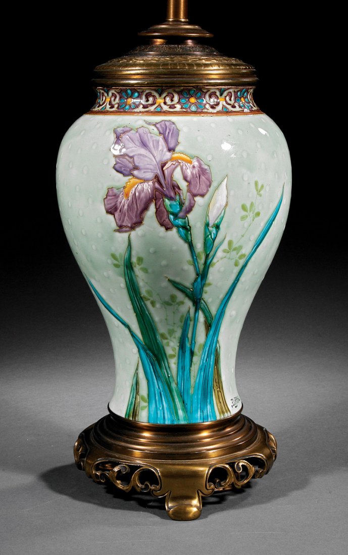 A Félix Optat Milet Barbotine Majolica Vase: A Félix Optat Milet Barbotine Majolica Vase, c. 1900, Émile Diffloth, glazed with polychrome iris and floral decoration, height 12 in., now mounted as a lamp, overall height 33 in