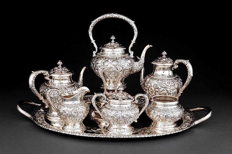 Kirk Sterling Silver Repoussé Tea/Coffee Service: A Kirk Sterling Silver Repoussé Tea and Coffee Service, Baltimore, 1932-1961, pattern #474; marked "S.KIRK&SON/STERLING/474" and "HAND DECORATED"; comprised of a teapot, kettle-on-stand, coffee pot, 