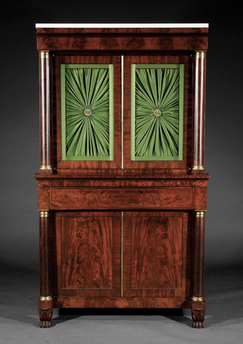 Carved Mahogany Bookcase Cabinet attr. Phyfe: A Fine American Classical Bronze-Mounted and Carved Mahogany Bookcase Cabinet, early 19th c., attributed to Duncan Phyfe, New York, rectangular marble top above molded cornice and plain frieze, pair o