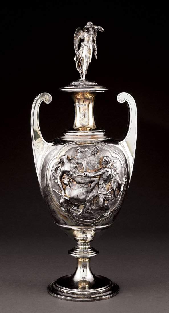 terling Silver Gilt Cup/Cover, John Samuel Hunt: A Fine Victorian Sterling Silver Gilt Cup and Cover, hallmarked John Samuel Hunt, London, 1849, mark reg. 1844, footrim marked "HUNT & ROSKELL LATE STORR MORTIMER & HUNT 4235, Nike finial, cartouches 