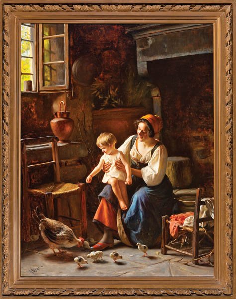 Giuseppe Magni (Italian/Florence, 1869-1956): Giuseppe Magni (Italian/Florence, 1869-1956), "Mother and Daughter Feeding Chicks [Scena domestica con pollame]", c. 1900, oil on canvas, signed lower left, hand-inscribed in brown paint "Made in Ital