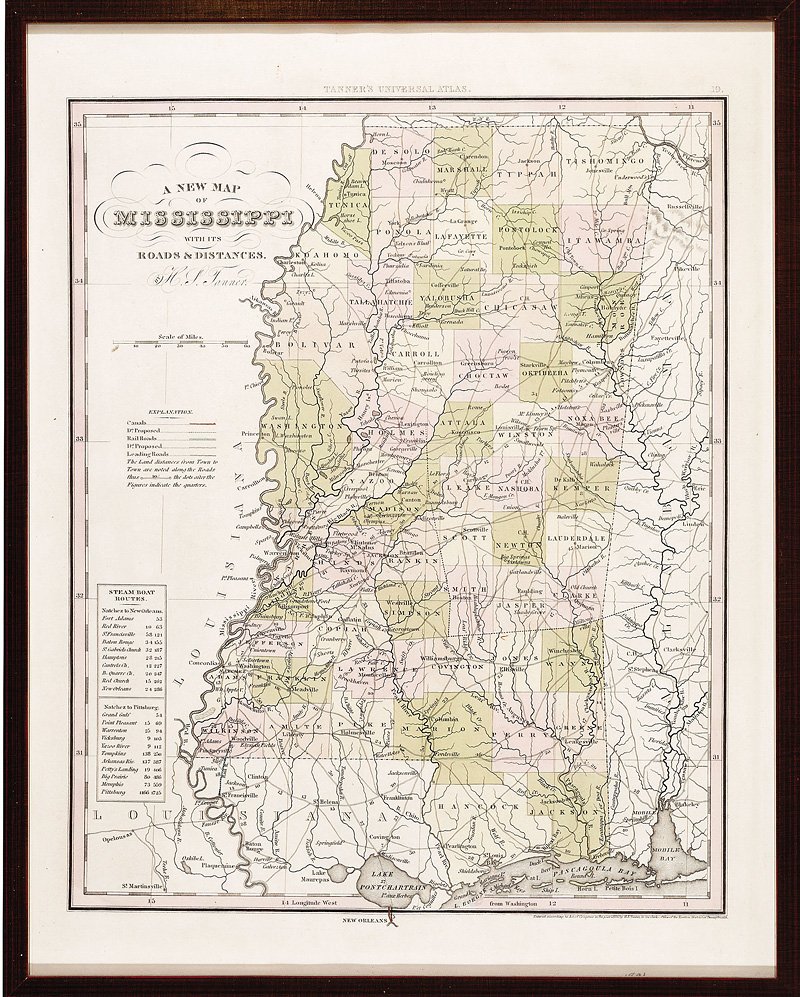 Two Maps of Mississippi, 1836 & 1847: Two Antique Maps of Mississippi, "A New Map of Mississippi...", 1836, hand-colored, from Tanner's Universal Atlas, and "A New Map of Mississippi...", 1847, hand-colored, by S. Augustus Mitchell, 13 in