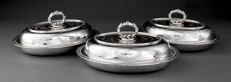 Gale & Willis Sterling Covered Entrée Dishes: Three Fine American Sterling Silver Covered Entree Dishes, Gale & Willis, New York, 1859, oval with Greek key and beaded borders, flat chased engraving and leaf and berry ring handles, height 6 in., w
