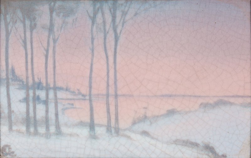 A Rookwood Art Pottery Vellum Scenic Plaque: A Rookwood Art Pottery Vellum Scenic Plaque, 1918, decorated by Sally Coyne with a snowy landscape at dusk, signed lower left, marked on reverse with the impressed flame mark, "XVIII" date mark, 5 1/2