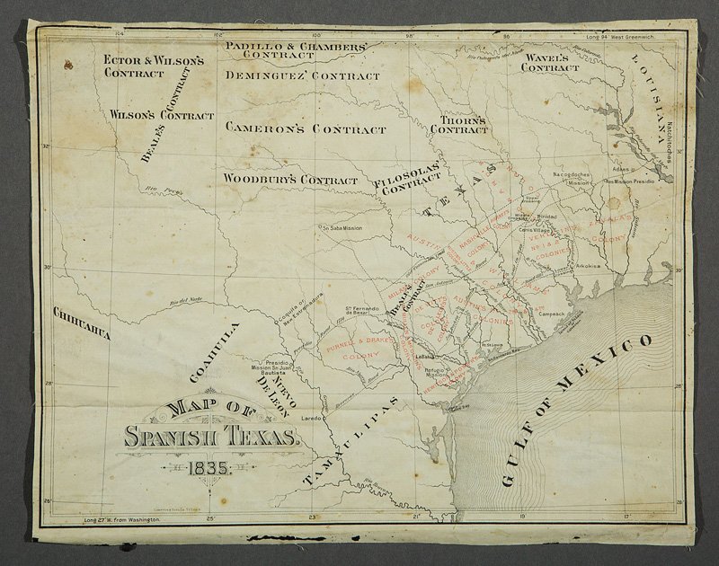 [Rare Map of Spanish Texas] 1835: [Rare Map of Spanish Texas], 1835, Compton & Sons Co., St. Louis, lithograph, showing land grants, contracts and colonies printed in red, 10 1/4 in. x 13 1/2 in
