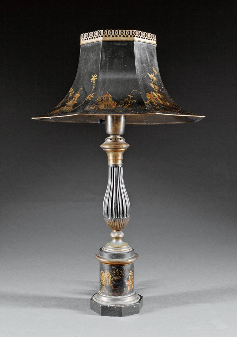 A Pair of Tôle Peinte Lamps: A Pair of Antique Tôle Peinte Lamps, fluted vasiform standards, pedestal bases, chinoiserie decoration on black ground, now electrified, height 24 in