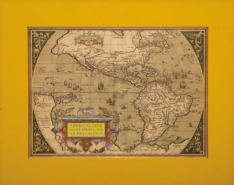Abraham Ortelius (1527-1598): Abraham Ortelius (1527-1598), "Americae Sive Novi Orbis, Nova Descriptio", Antwerp, c. 1608, Italian text, verso, double-page engraved map with hand-coloring, from Theatrum Orbis Terrarum, 14 in. x 19
