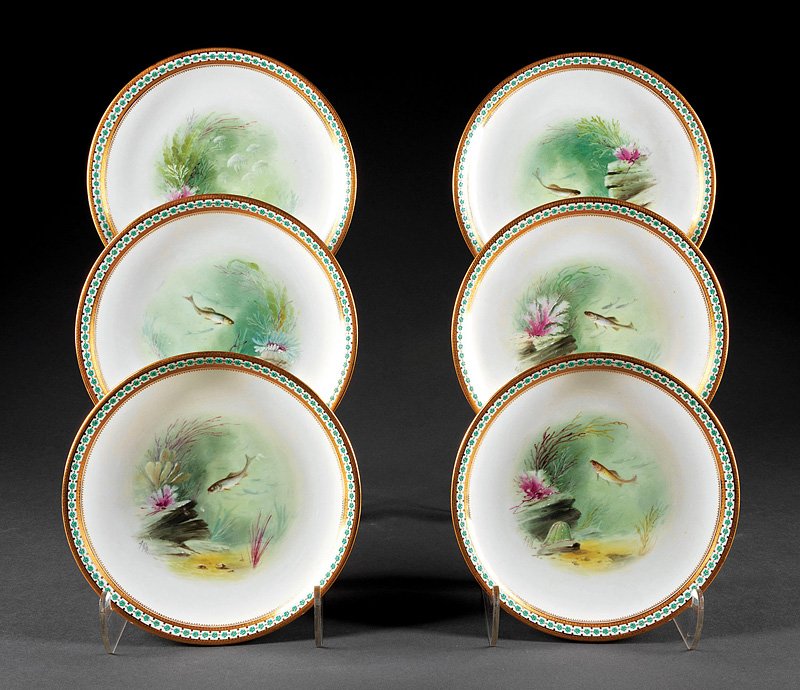 Twelve Minton Porcelain Fish Plates: An Antique Set of Twelve Minton Porcelain Fish Plates, marked, each well with different hand-painted aquatic scene signed by Albert H. Wright, gilt and patera rim, diameter 9 1/8 in